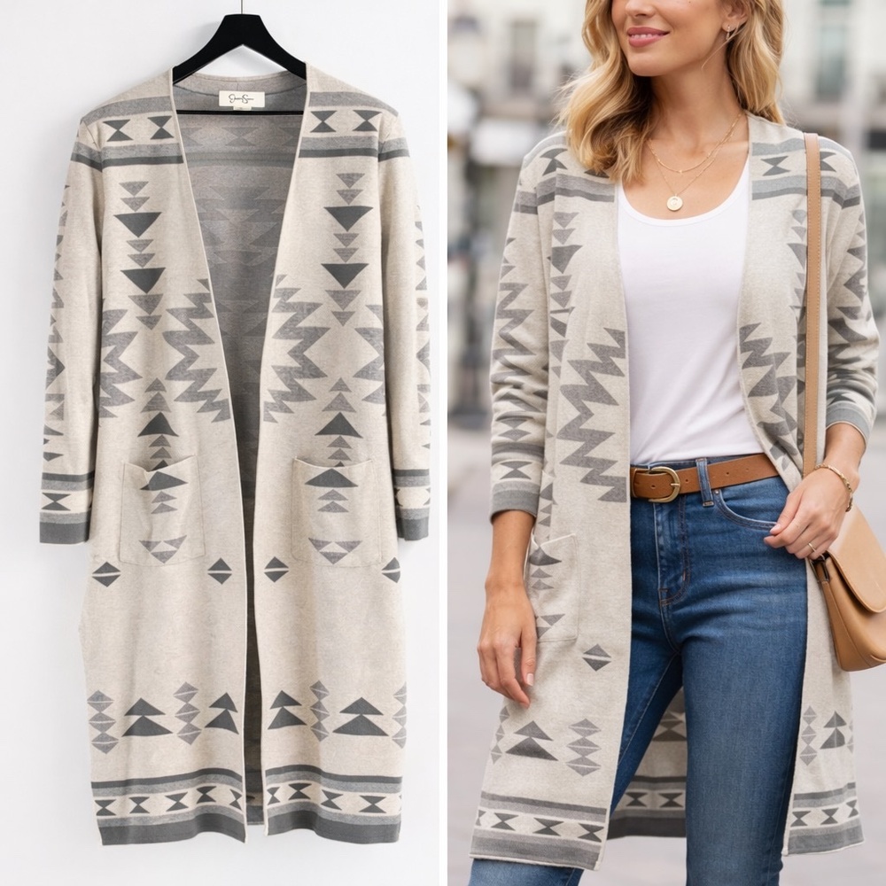🤍 Jessica Simpson Southwestern Open Front Long Cardigan | Aztec Print | Size M